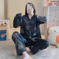 2-Piece Women Long-sleeved V-neck cardigan with simulated silk lapels Adult pajamas set  Black