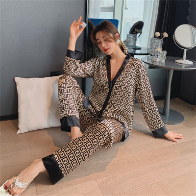 2-Piece Women Long-sleeved V-neck cardigan with simulated silk lapels Adult pajamas set