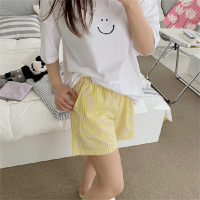 Summer new short-sleeved pajamas for girls summer students cute plaid round neck home wear set  Yellow