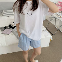 Summer new short-sleeved pajamas for girls summer students cute plaid round neck home wear set  Blue