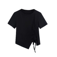 Camiseta que cubre la carne, adelgazante y versátil, de moda, de color liso  Negro