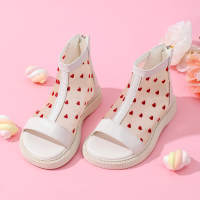 Kid Girl Heart Pattern Mesh Patchwork Open Toed High Top Shoes  Beige