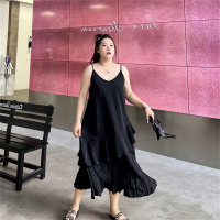 300 pounds large size loose solid color thin sleeveless V-neck suspender skirt women's summer knee-length long dress  Black