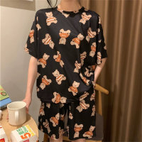 Pajamas for women summer loose plus size sweet and cute student short-sleeved shorts can be worn outside Korean style home clothes set  Black