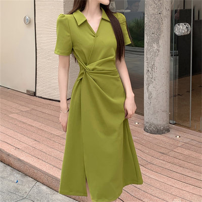 Plus size women's summer new style slightly fat and slim tea break French gentle style polo collar short-sleeved dress