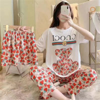 Mickey three-piece pajamas for women summer short-sleeved loose Korean student large size ins can be worn outside home clothes set  Red