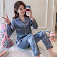 Women Solid Color Silk Material  Adult pajamas set  Light Blue