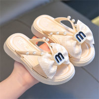 Children's slippers cross sandals women's 2024 summer new Internet celebrity beach bow small fragrant flip flops  Beige