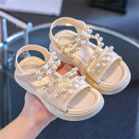 2024 New Girls Sandals Non-slip Breathable Cute Pearl Outerwear Beach Shoes Children Girls Princess Sandals  Beige