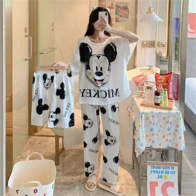Mickey pijamas de três peças para mulheres verão manga curta solto estudante coreano tamanho grande ins pode ser usado fora de casa conjunto de roupas