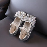 Children's bow rhinestone princess style leather shoes  Silver