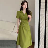 Plus size women's summer new style slightly fat and slim tea break French gentle style polo collar short-sleeved dress  Green