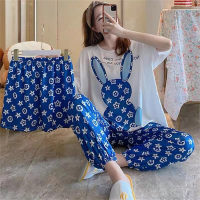 Printed three-piece pajamas for women summer short-sleeved loose Korean student large size ins can be worn outside home clothes set  Blue