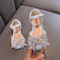 Children's bow pearl princess style leather shoes  Silver