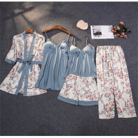 5-Piece Women Thin imitation silk printed cardigan with chest pad Adult pajamas set  Blue