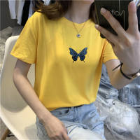 Camiseta feminina de manga curta borboleta  Amarelo