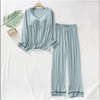 Women's 2-piece long-sleeved solid color thin pajamas set  Green