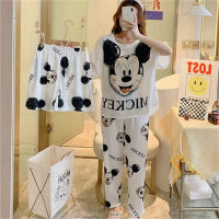 Pijamas de tres piezas de Mickey para mujer, conjunto de ropa de verano holgado de manga corta para Estudiante Coreano de talla grande, se puede usar fuera del hogar  Blanco