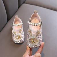 Children's bunny rhinestone princess style leather shoes  Gold-color