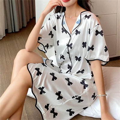 Solid color sexy shirt dress thin ice silk nightgown