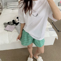 Summer new short-sleeved pajamas for girls summer students cute plaid round neck home wear set  Green