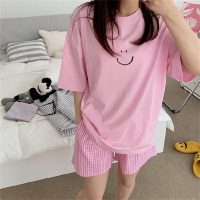 Summer new short-sleeved pajamas for girls summer students cute plaid round neck home wear set  Multicolor