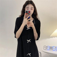 300 pounds loose, comfortable, casual short-sleeved V-neck sexy thin home wear pajama dress  Black