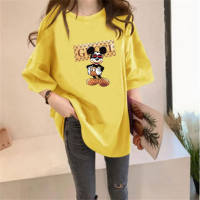 Camiseta feminina do Mickey Mouse com meia manga solta  Amarelo