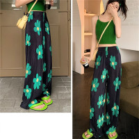 Pantalones anchos con estampado floral colorido para mujer  Verde