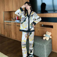 2-Piece Women Long-sleeved V-neck cardigan with simulated silk lapels Adult pajamas set  Yellow