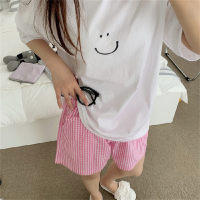Summer new short-sleeved pajamas for girls summer students cute plaid round neck home wear set  Pink