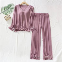 Women's 2-piece long-sleeved solid color thin pajamas set  Dark purple