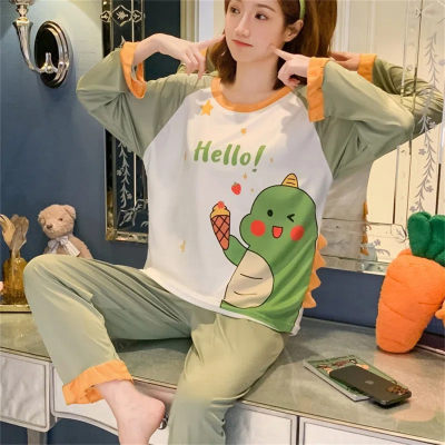 Pijamas para mulheres dinossauro calças de manga longa simples solto em torno do pescoço roupas para casa tamanho grande terno para mulher