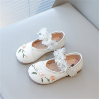 Zapatos de cuero pequeños bordados con viento, zapatos de princesa para niños.  Blanco