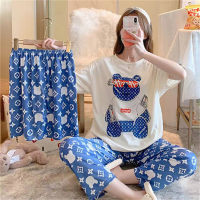 Printed three-piece pajamas for women summer short-sleeved loose Korean student large size ins can be worn outside home clothes set  Multicolor