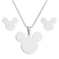 Japanese and Korean version of Mickey Head Pendant Necklace Earrings Jewelry Stainless Steel Cartoon Animation Park Mickey Head Set  Silver