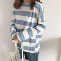 Women's all-match striped loose top  Blue
