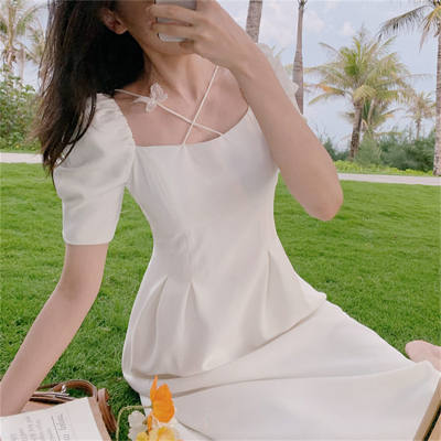Women's square neck white puff sleeve temperament mid-length dress