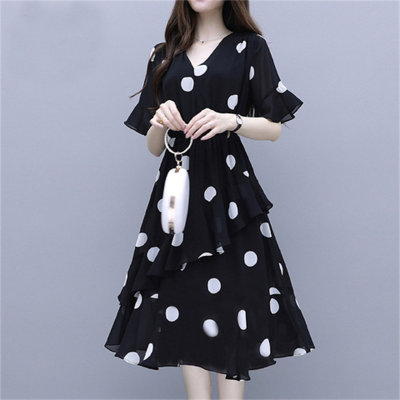 Polka dot plus size dress temperament loose belly covering age-reducing dress