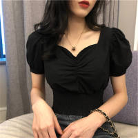 Feminino curto com decote em v busto bolha manga curta sexy camiseta cintura superior  Preto