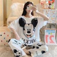 Pajamas for Women Summer Short Sleeve Korean Style Spring and Autumn Cute Pants Thin Section 2022 Loose Homewear Set Large Size Cartoon  White