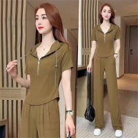 Women's solid color sports hooded wide-leg pants two-piece suit  Coffee
