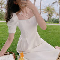 Women's square neck white puff sleeve temperament mid-length dress  White