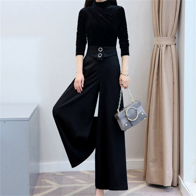 High-waisted wide-leg pants with draped loose casual pants