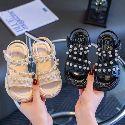 2024 nuovi sandali da ragazza antiscivolo traspiranti capispalla con perle carine scarpe da spiaggia sandali da principessa per ragazze per bambini