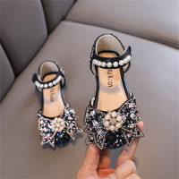 Children's bow pearl princess style leather shoes  Black