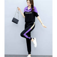 Women's sports color matching fashion ankle pants suit  Black