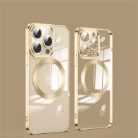 Adults suitable for Apple 15ProMAX mobile phone case transparent magnetic suction  Gold-color