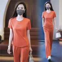 Women's solid color lettering fashion sportswear two-piece suit  Orange