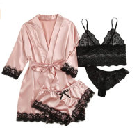 4-Piece Women Thin imitation silk solid color cardigan Adult pajamas set  Hot Pink